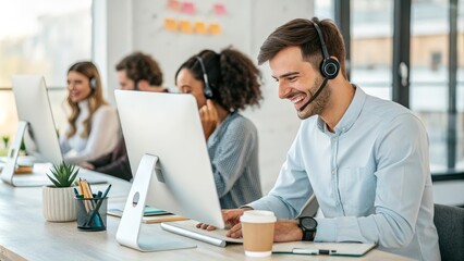 Customer service trainee engaged in training session with headset