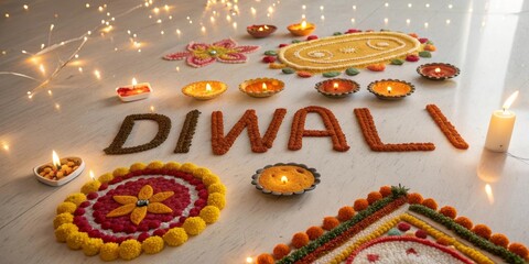 Diwali celebration with symbols of light and colorful decorations