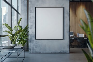 Modern office interior featuring a blank frame and indoor plants.