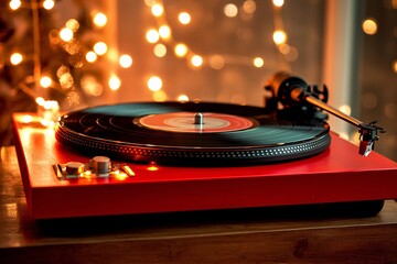 Modern take on a red vintage turntable, sleek black vinyl, vibrant lighting, stylish studio setting, close-up on stylus 3