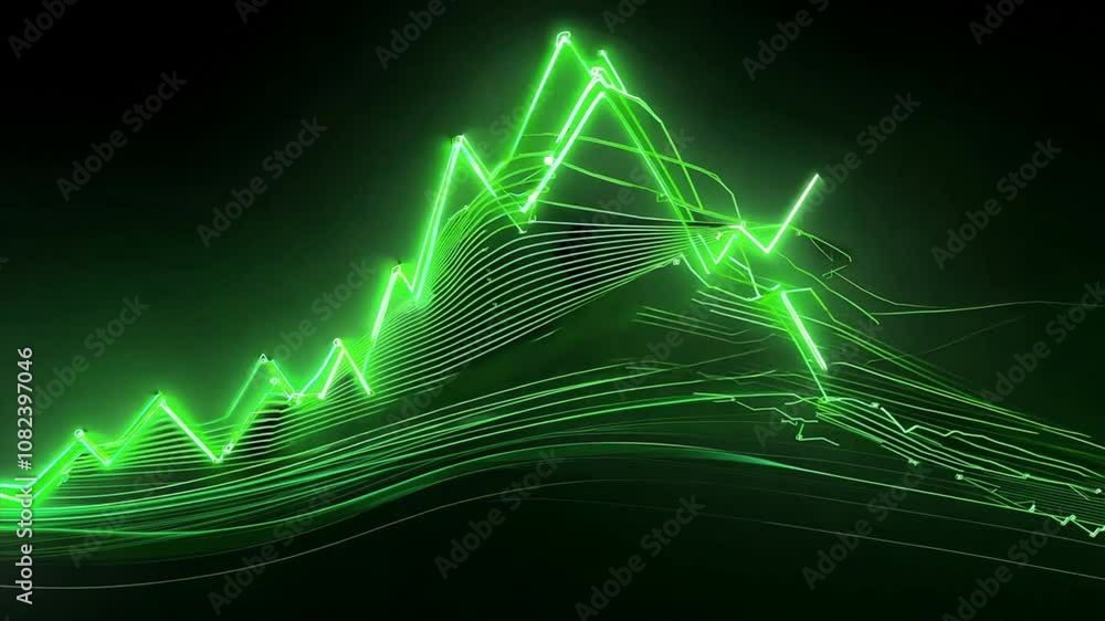 Poster dynamic green wave graph showcasing data trends and fluctuations in abstract digital environment, hi