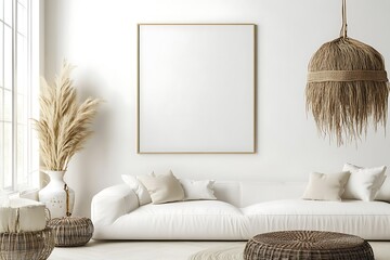 A minimalist living room featuring a white sofa, decorative pillows, and a large empty frame.