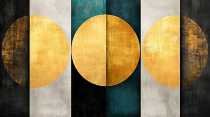 Golden elegance, a modern abstract painting of three intertwined spheres with black and gold stripes