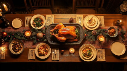 クリスマスにローストチキンをメインにした料理が並ぶ食卓の俯瞰画像