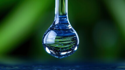 A single water droplet suspended in mid-air with green background