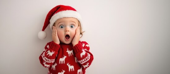 Cute baby toddler portrait, child with very expressive face wearing Christmas Santa's hat and red sweater, joy happiness and surprise bold intensive emotions, festive background or banner, AI image