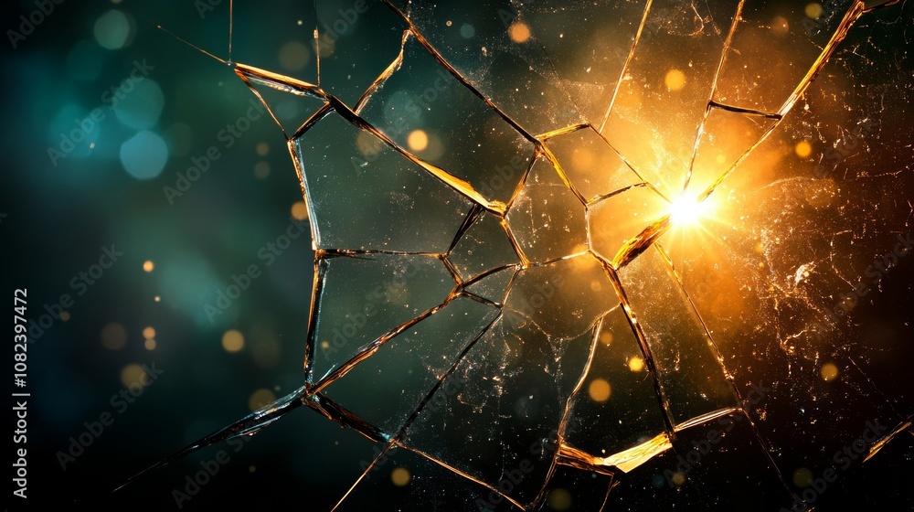 Poster radiant light beams through a shattered glass window, revealing an abstract pattern of broken shards