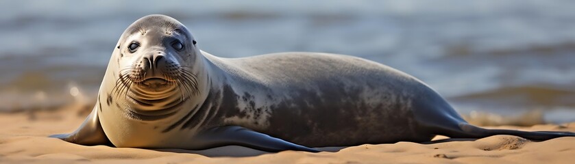 Fototapeta premium Seal on Sandy Beach with Ocean in Background