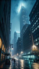 Fototapeta premium Late-night cityscape shrouded in dense fog and lights