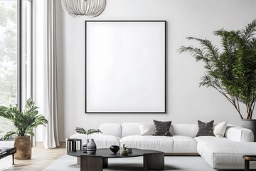 A modern living room featuring a blank canvas, plants, and minimalist furniture.