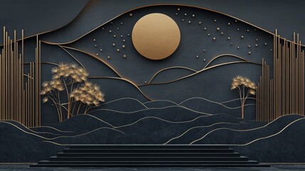 Elegant black and gold wall decor with clock palm trees, a timeless design for sophisticated spaces