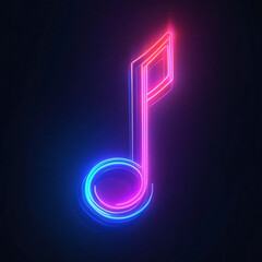 A glowing neon music note in vibrant pink and blue hues against a dark background, creating a modern, electric vibe