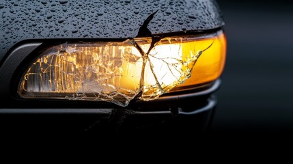 Damaged car with broken windshield and illuminated light, roadside hazard or vandalism incident