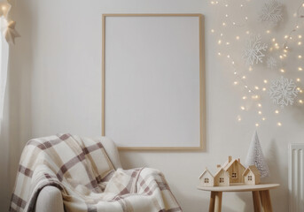 Obraz premium Blank frame on the wall mockup in hygge scandi interior scene, winter and Christmas holidays aesthetic, cozy organic eco style home decor in light natural colors, AI generated image