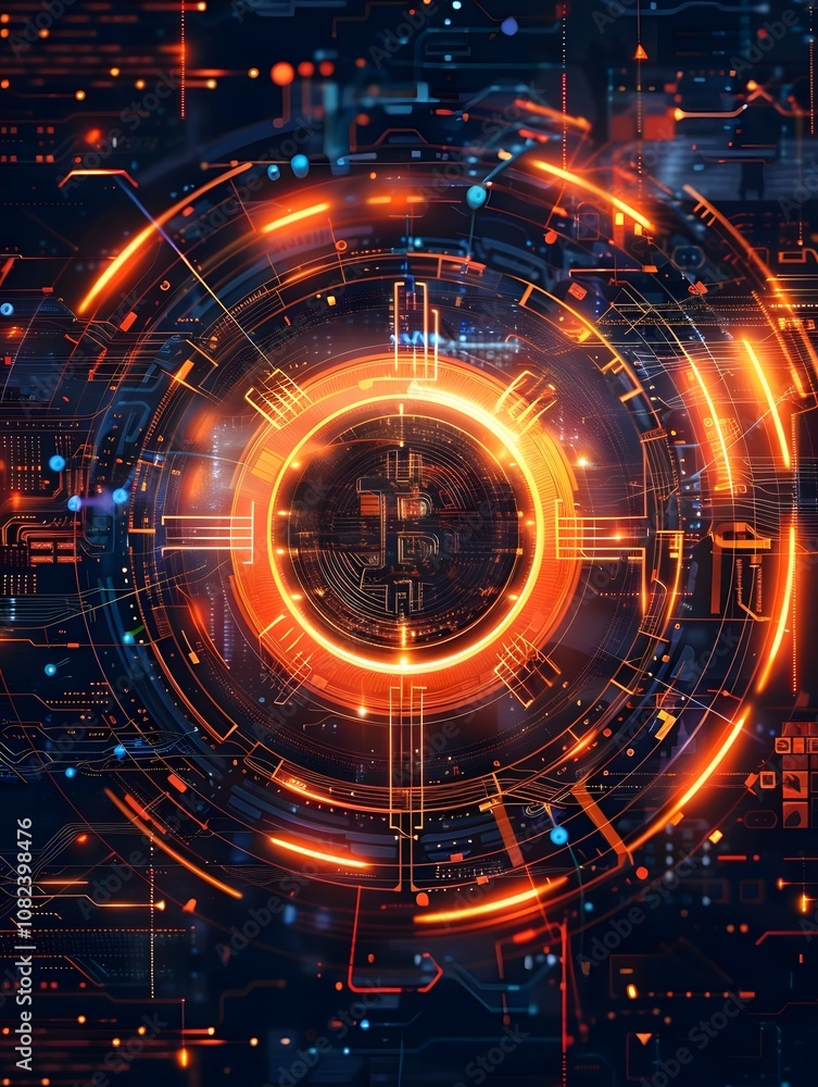 Poster abstract digital design featuring glowing circuits and a central core, suggesting technology.