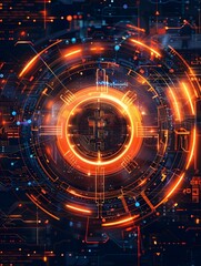 Fototapeta premium Abstract digital design featuring glowing circuits and a central core, suggesting technology.