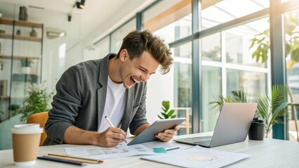 Young design intern working in a vibrant office environment