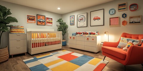 A modern nursery with a crib, dresser, armchair, and colorful rug, featuring a car theme.