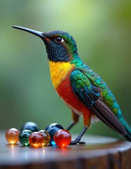 Fototapeta premium a few marbles and a colorful hummingbird, blue, yellow, green, green, red, realistic, detailed