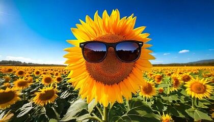 Stylish sunflower in sunglasses amidst a field of yellow sunflowers under a blue sky with clouds.