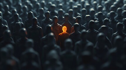 A solitary figure stands out among a crowd of indistinct shapes, symbolizing individuality in conformity.