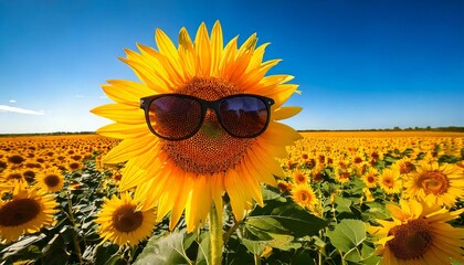 Stylish sunflower in sunglasses amidst a field of yellow sunflowers under a blue sky with clouds.