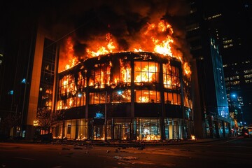 Obraz premium Flames consuming a modern corporate office, glass windows shattered, fiery glow in a nighttime urban environment, wide angle showcasing the chaos of the scene 4