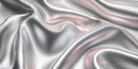 Shiny smooth luxury silver silk fabric. Decorative background for design card, poster, banner for award, reward, Christmas, birthday, wedding. Abstrac curve and wave banner template with copy space