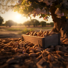 Obraz premium Almond nuts harvested in a wooden box in a plantation with sunset. Natural organic fruit abundance. Agriculture, healthy and natural food concept.