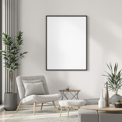 Contemporary Living Room Poster Mockup. Home Interior with Stylish Decor. 3D Rendering.