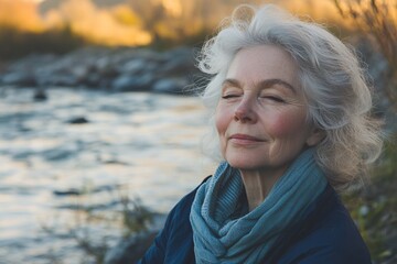 Elderly Caucasian woman meditating by a riverside, expression of peace and gratitude, soft evening light, natural elements around her, close-up of her calm face and flowing river in background 4