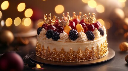 Rich, traditional Three Kings cake with glimmering sugar fruits, sparkling crowns, and kingly figurines, children eagerly peering from the side