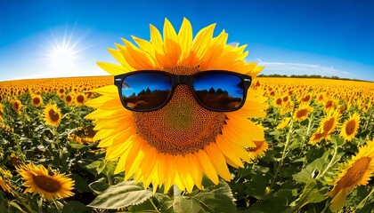 Stylish sunflower in sunglasses amidst a field of yellow sunflowers under a blue sky with clouds.