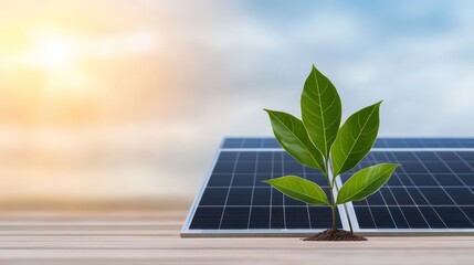 Fototapeta premium Sustainable synergy, green plant flourishing on a solar panel, embracing renewable energy and environmental conservation