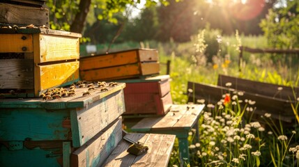 A serene beekeeping apiary with hives and beekeeping tools, Beekeeping equipment set up in a sunny field, Rustic agricultural style