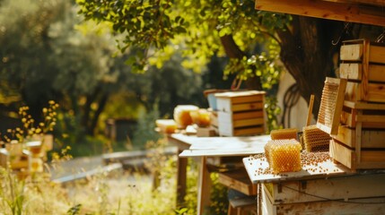 A serene beekeeping farm with hives and beekeeping tools, Honeycombs carefully tended, Agricultural rustic style