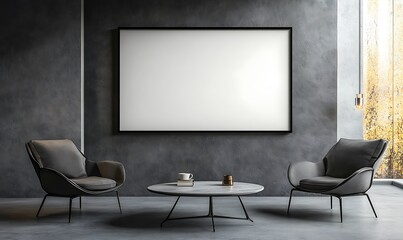 Modern living space with minimalist furniture and a large blank screen.