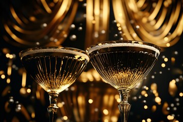 Champagne glasses in an art deco setting, gold and black theme, glamorous celebration scene, close-up of sparkling bubbles, evening mood 1