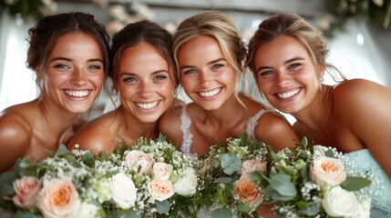 A lively group of four women, each displaying a wide smile while holding beautifully arranged bouquets, capturing a moment of friendship and joy in a vibrant setting.