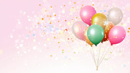 Colorful balloons float against soft pink background, creating festive atmosphere filled with joy and celebration. Perfect for party themes and cheerful events