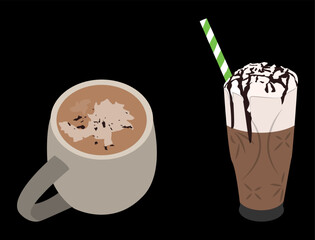 hot chocolate with cinnamon sprinkles and thick chocolate ice that overflows. happy, relax. black background