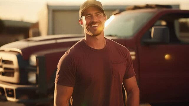 Proud farmer stands by his red pickup truck on a farm at sunset, exuding confidence and happiness