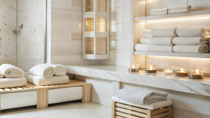 Luxurious spa room with wooden benches, rolled towels, and warm ambient lighting