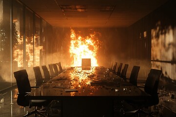 An empty conference room engulfed in flames, shattered glass, flickering shadows on the walls, eerie silence, warm light from fire illuminating the darkness 4