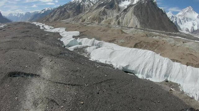 Low FPV drone Flight over Baltoro Glacier from Gasherbrum-IV, Broad Peak to Mount K2 and Concordia