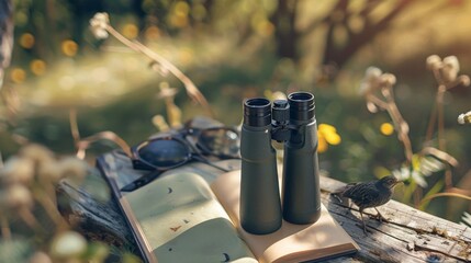 A serene bird-watching spot in a lush garden, Bird-watching equipment neatly arranged, Nature enthusiast style