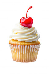Digital Dessert Artistry: Whipped Cream Cupcake with Chocolate & Vanilla Cones, Red Cherry & Strawberry atop Black Background