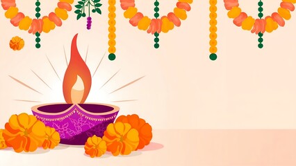 Purple diya with lit candle and flower garland on light peach background. Diwali festival concept. Perfect for greeting card, banner, poster, flyer.