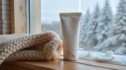Cozy winter skincare with white cream tube near woolen blanket and snowy forest window view