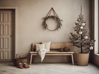 Japandi and wabi sabi style modern hallway decorated for Christmas, wreaths and Christmas tree. Holiday and festive season interior. Plaid accents interior.